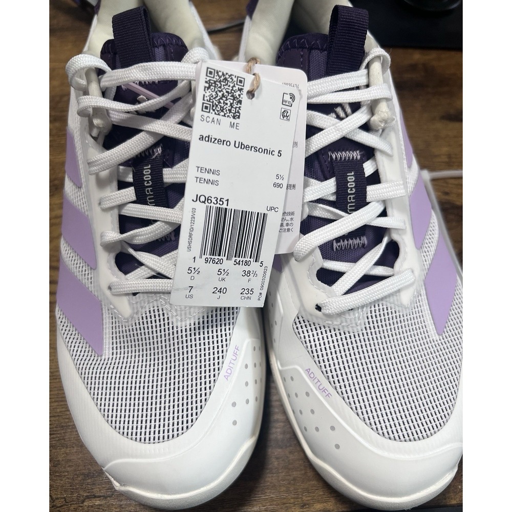 Adidas Adizero Ubersonic 5 Women's Tennis Shoes Size 7 White Purple JQ6351 BNWT